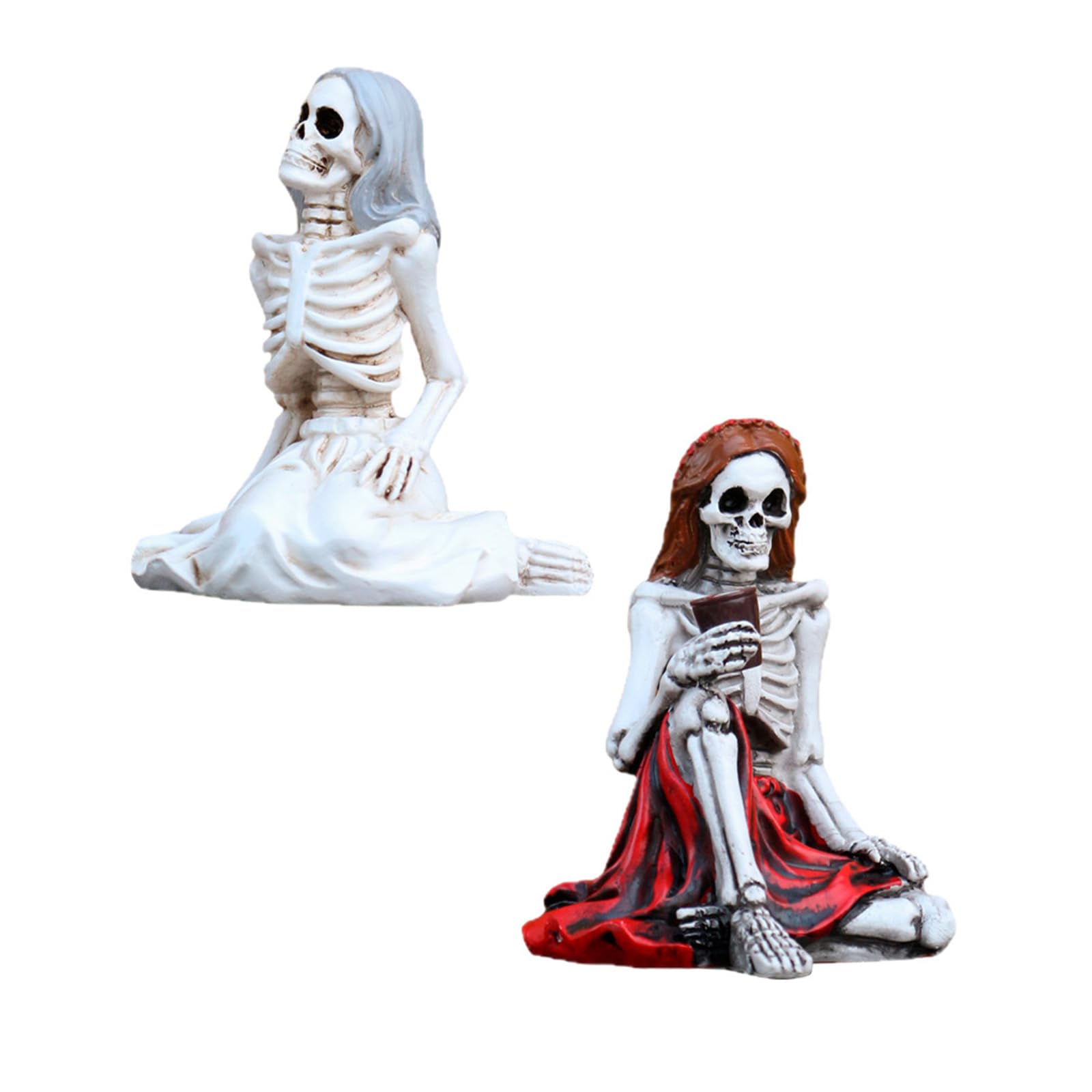Realistic Skeleton Girl Sculpture Resin Halloween Ornament for Desk, Shelf, Home Scary Party Decoration Scary Chatting Skeleton Figurine Resin Craft Halloween Decor for Indoor Outdoor Mantel