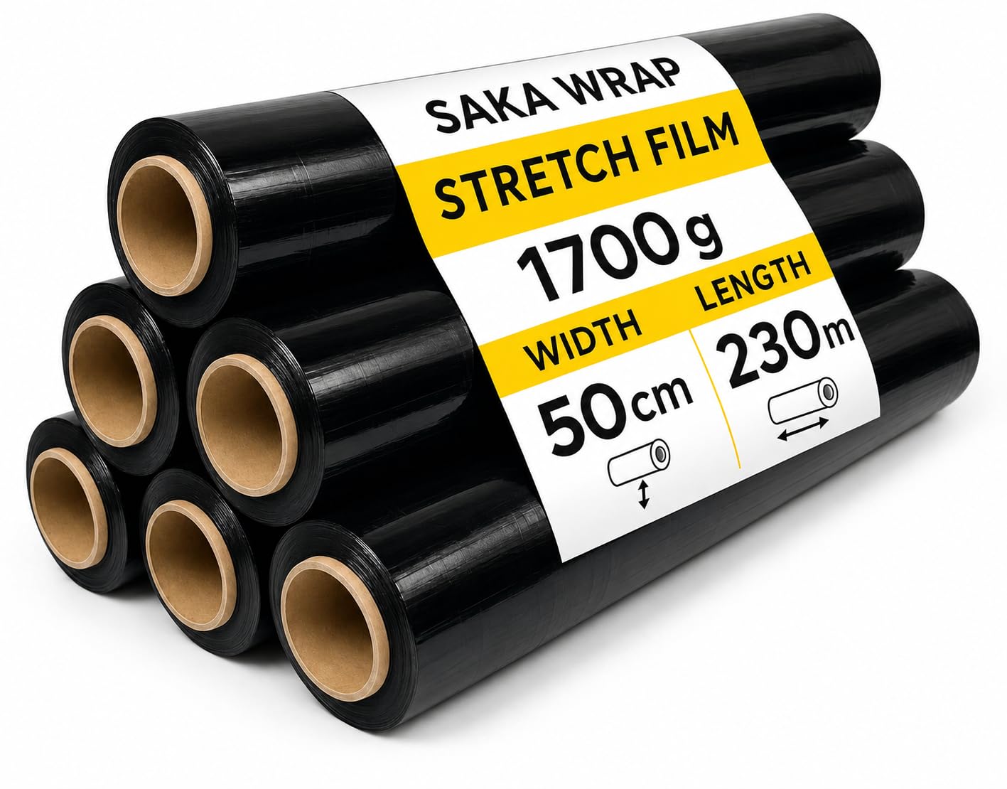 Stretchfolie Schwarz 23 µm 50 cm x 230 m 6 Rollen Handstretchfolie Palettenfolie Verpackungsfolie