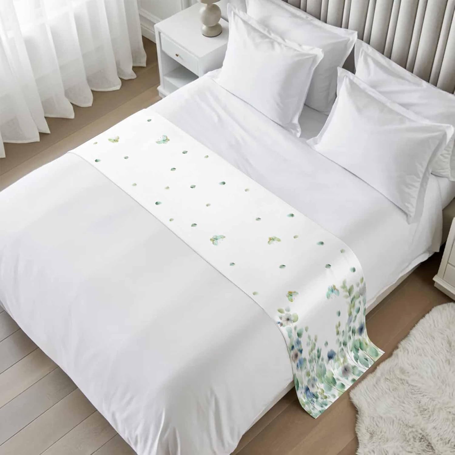 Sage Green Eucalyptus Bed Runner Cal King Size, Weeping Botanical Farmhouse Leaves Bed Scarf Protector Slipcover for Bedroom Wedding Room Hotel, Bedding Runner Throws for Foot of Beds 102"x20"
