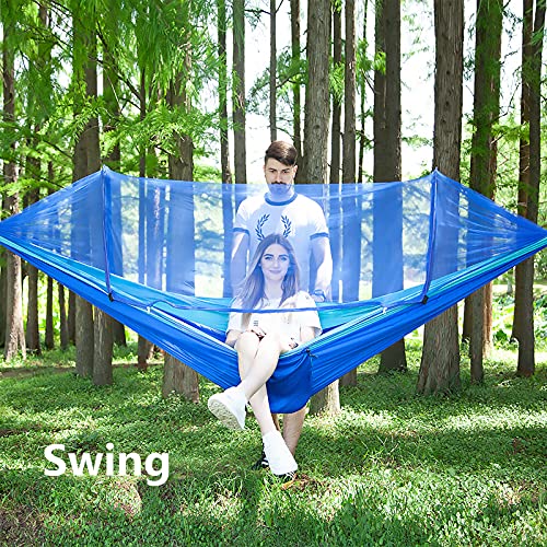 Lfl Camping Hammock With Mosquito Net, Hammocks With 13Ft Tree Straps Carabiners, Automatic Quick Open Outdoor Portable Hammock, Nylon Parachute Material Hammock With Net, Blue #TOP1