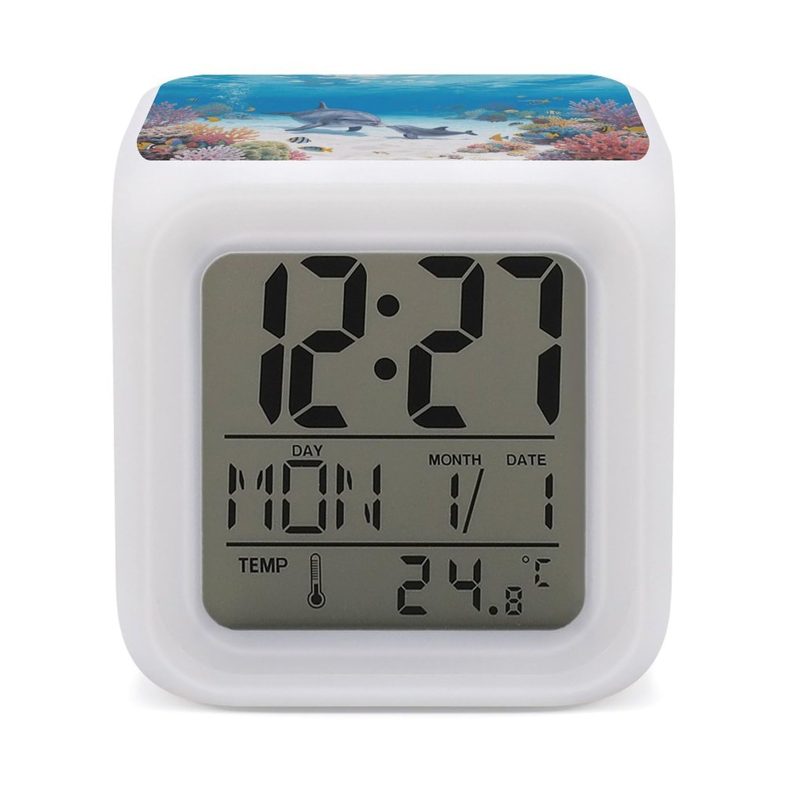 VstaDank Dolphin Alarm Clock with Date Temperature Large LED Display Number Clocks with 7 Colors Changing Desk Clock Battery Operated Digital Clocks with Date for Heavy Sleepers