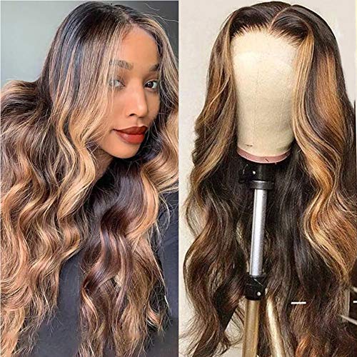 4/27 Highlight Human Hair Wigs Brazilian Body Wave Lace Front Wigs Ombre Brown Glueless 13x6x1 Deep Part T Lace Wig 150% Density Honey Blonde Highlight Human Hair Wigs for Black Women(24 Inch)