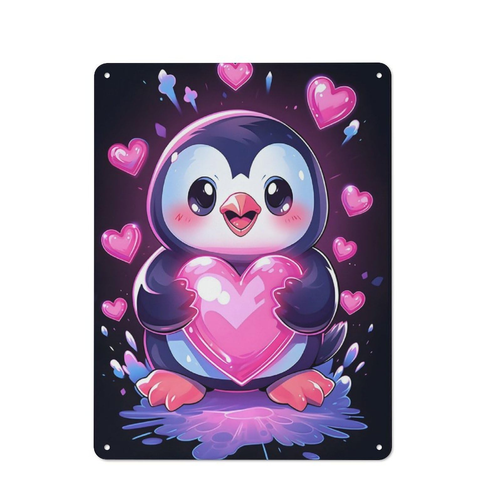 Junmoney Penguin With Hearts For Home Office Or Studio, Retro Tin Wall Plaque 40X30cm, A Housewarming Gift For Creative Workspace Decorators