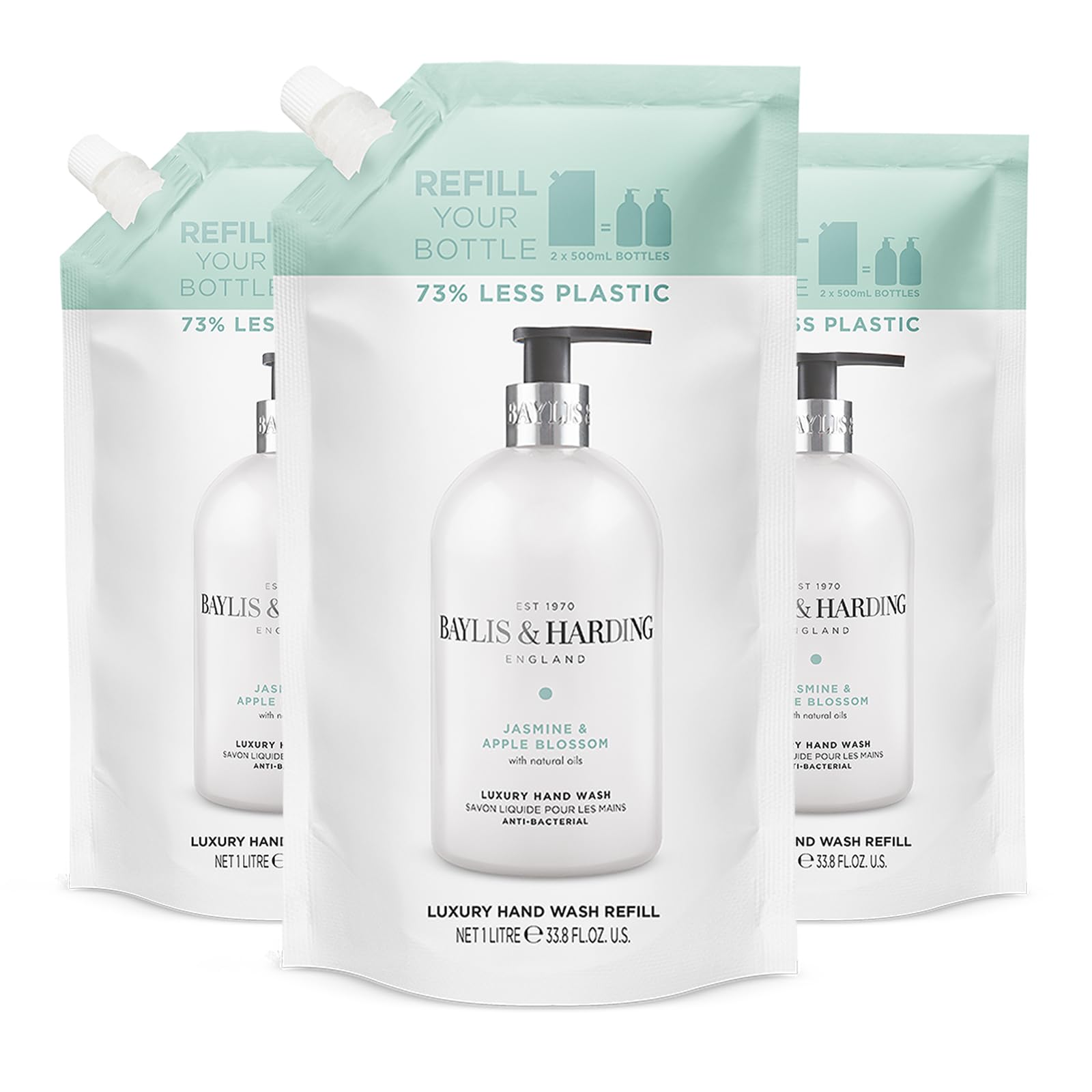 Jasmine & Apple Blossom Anti-Bacterial Hand Wash 1 litre Refill Pouch (Pack of 3) - Vegan Friendly