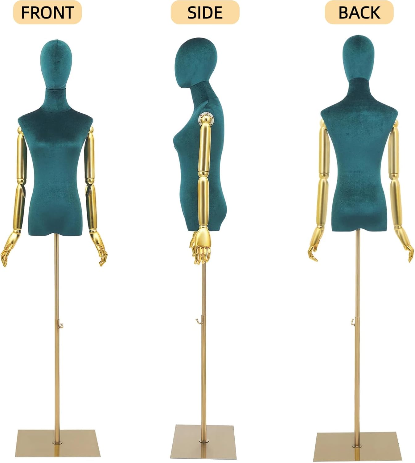 Female Mannequin Torso with Stand, Green Velvet Women Dress Form with Arm Adjustable Height 59"-78" Manikin with Head for Boutiques Dress Jewelry Display