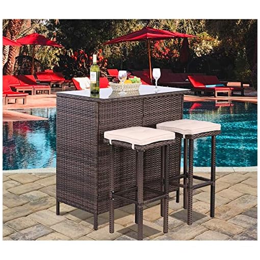 Polar Aurora 3PCS Patio Bar Set with Stools and Glass Top Table Patio Wicker Outdoor Furniture with Removable Cushions for Backyards, Porches, Gardens or Poolside