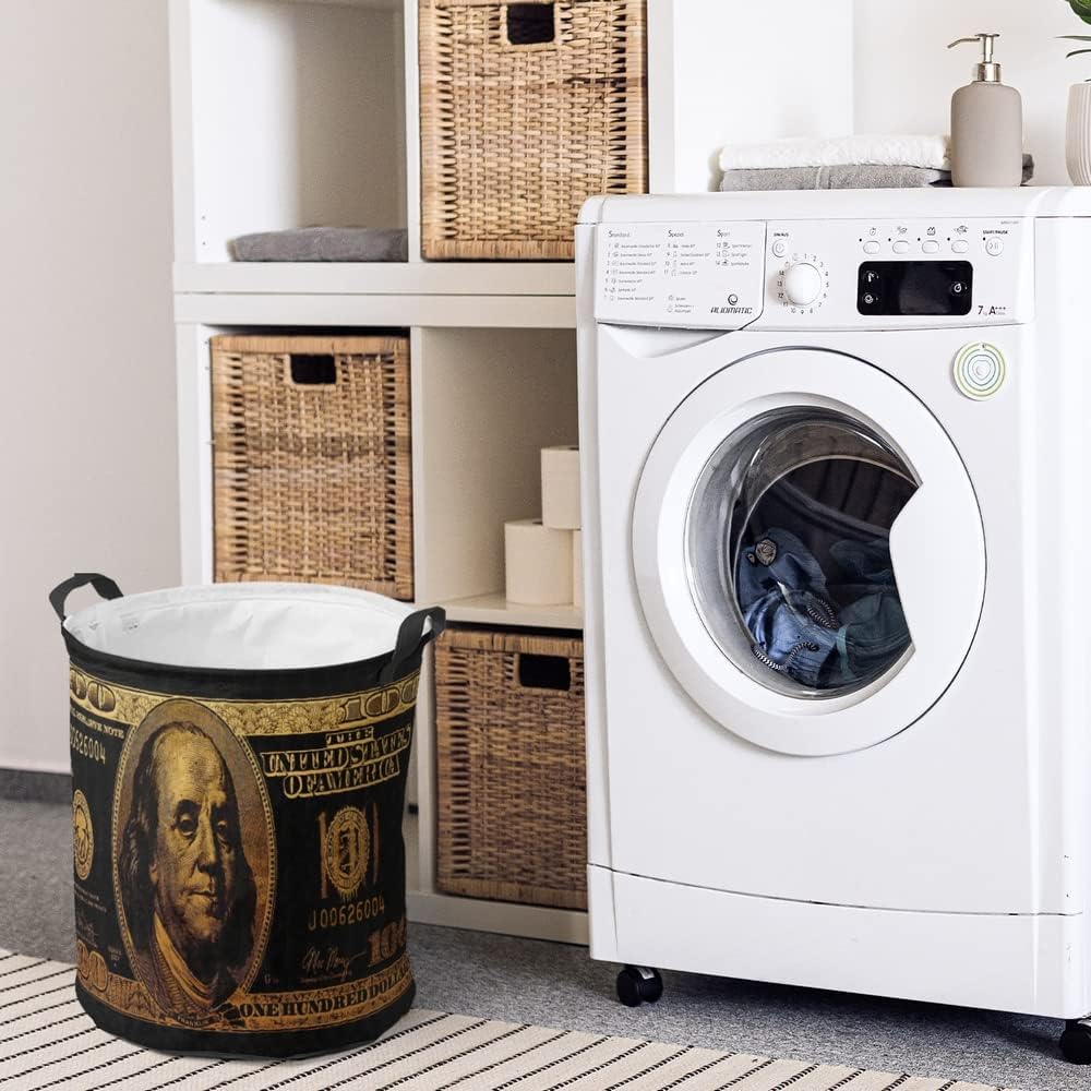 Black Gold 100 Dollar Bills Large Laundry Basket for Mens Waterproof Freestanding Laundry Hamper for Laundry Cool Collapsible Tall Clothes Hamper with Handles for Clothes Toys 19.7"x15.7"