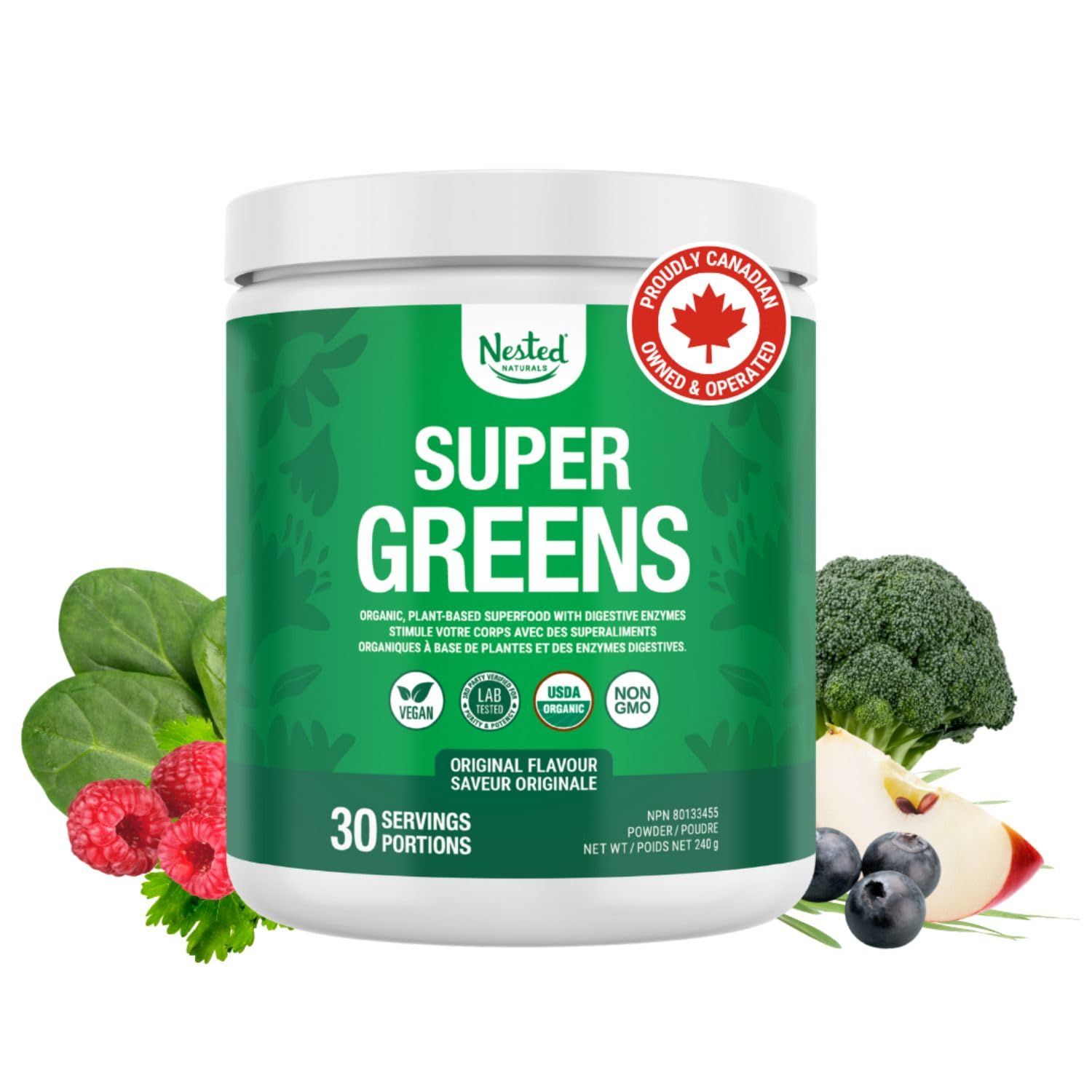 Nested Naturals Super Greens Powder - Organic Daily Greens Superfood Powder w/ 20+ Whole Foods, Spirulina, Wheat Grass & Barley Grass - Probiotics, Fiber & Enzymes - USDA Certified Organic, Original Flavour, 30 Servings
