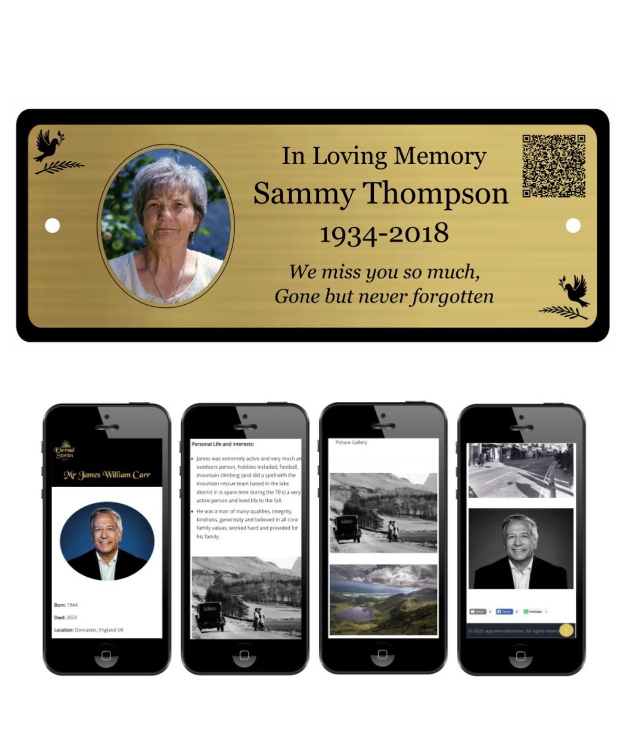 Personalised Memorial Photo Bench Plaque, Engraved Bench Plaques, Engraved Tree Sign, Gold, Silver, Weatherproof, QR Code, Free Digital Tribute Page (Gold)