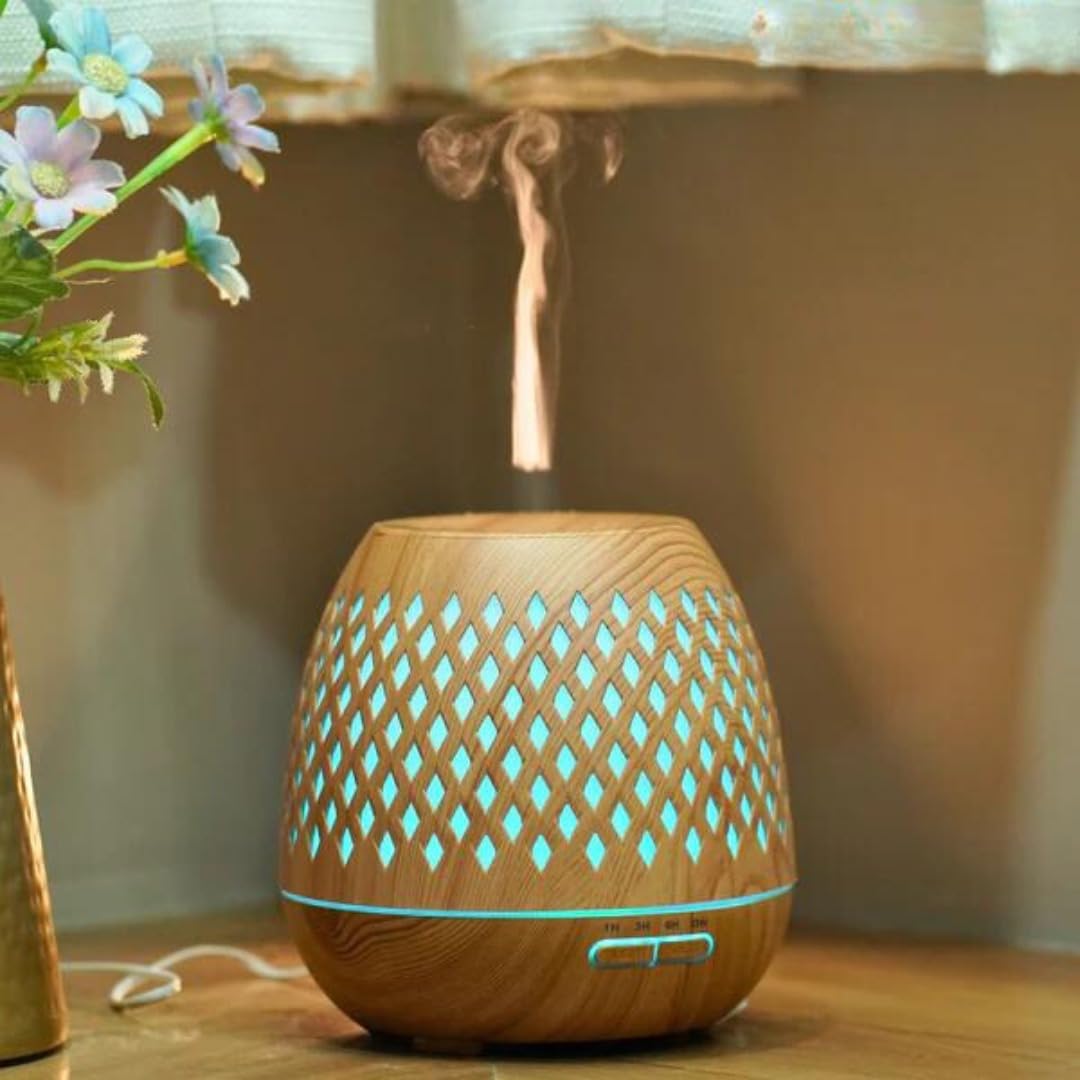Essential Oil Diffuser, Aromatherapy Diffuser 500ml with Remote Control, 4 Timer & Auto-Off Safety Switch, 7 Color LED Lights Mode, 10 Hours Quiet Humidifier for Bedroom, Office & Home (E.Light Woody)