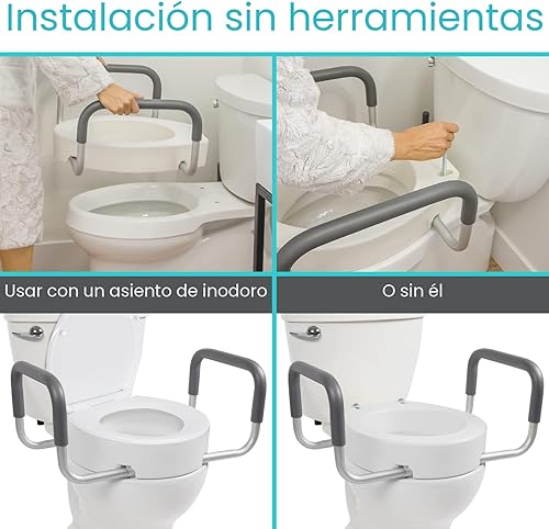 Miniatura 5 de Vive - Elevadores de asiento de inodoro para personas mayores (con asas), con barra de agarre, opciones para cuencos alargados y estándar, elevación