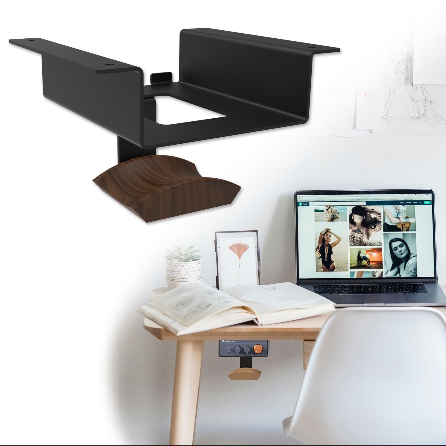 Supporto da scrivania per Fosi Audio BT20A Pro con gancio per cuffie in legno di noce, staffa amplificatore in metallo per amplificatore stereo compatto, supporto organizer da scrivania, nero