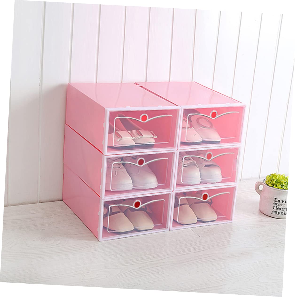 Scatola Portascarpe Impilabile 6 Pezzi in PP Rosa Sportello Trasparente