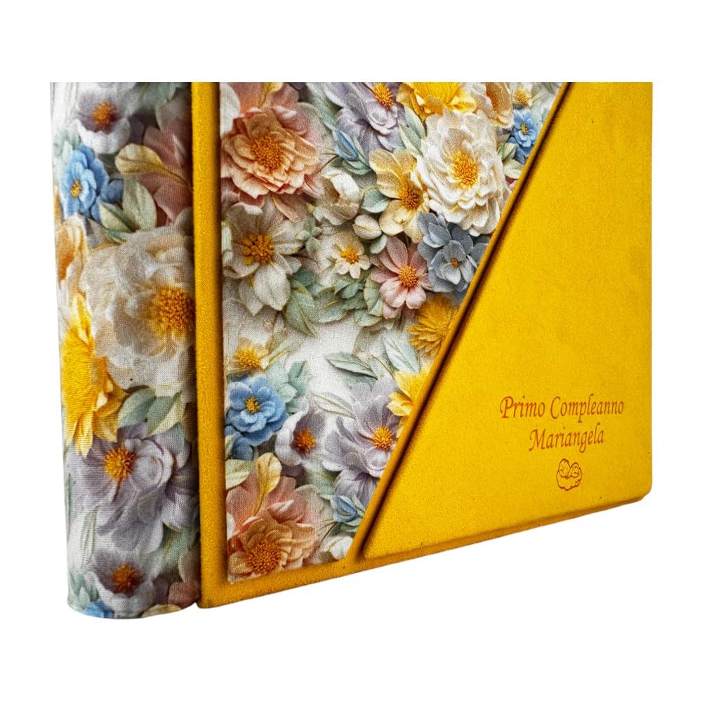 Album Fotografico Artigianale in Tessuto stampato 3D e Alcantara, Personalizzabile con Incisione, classico con velina,Matrimonio,Compleanno,Wedding,Anniversario,Comunione,eventi (Giallo/Giallo)