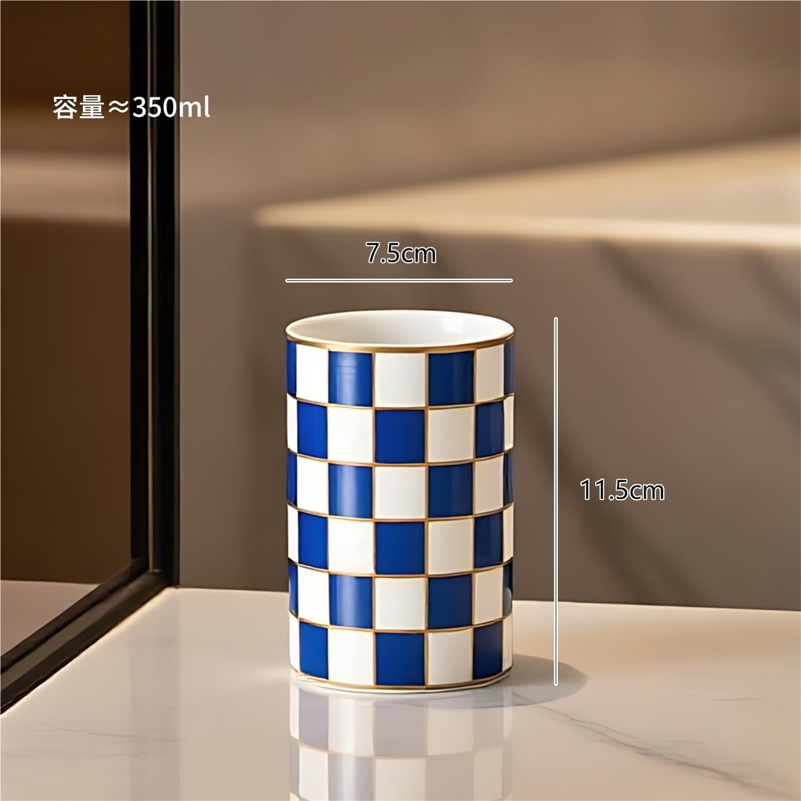 Juego de accesorios de baño, soporte para cepillo de dientes de baño, diseño retro de tablero de ajedrez, taza de cerámica moderna, decoración antigua (azul)