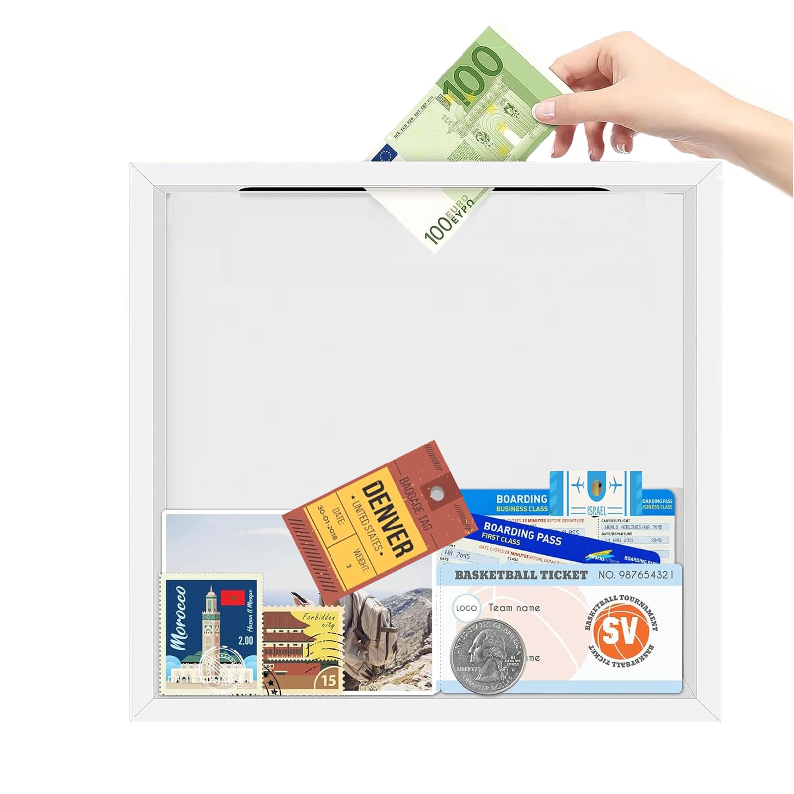 Travel Adventure Archive Box for Memories, 11.42 Inch Concert Ticket Shadow Box with Slot, Keepsake Boxes Travel Picture Frame, Memory Display Case for Desk Wall Deco, White