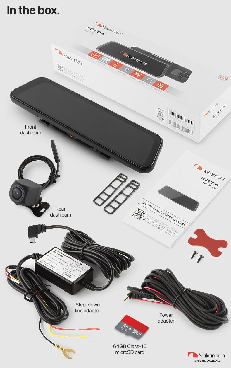Nakamichi ND410W Dash CAM 1080p Frontal y Trasera, Espejo Retrovisor Digital, Asistencia de Estacionamiento, Visión Nocturna WDR, Grabación en Bucle, WiFi, Control por App, Tarjeta SD 64GB Incluida