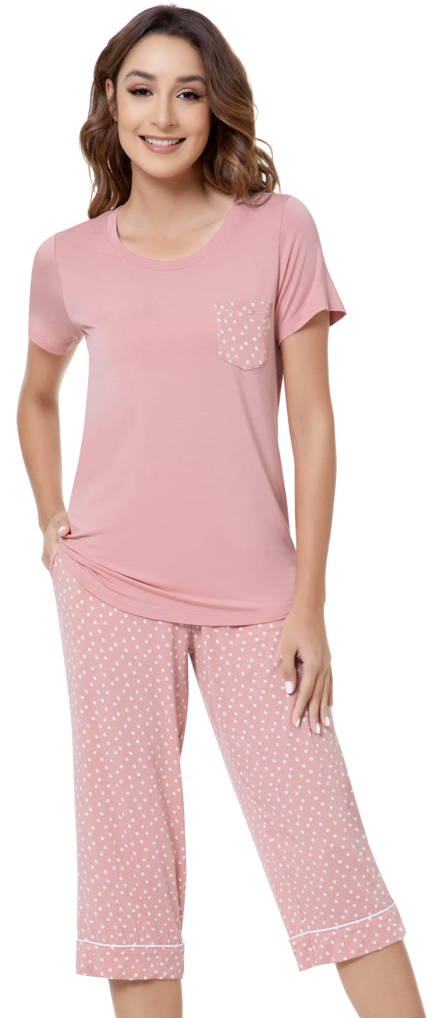 NACHILA Womens Pajamas-Viscose Made from Bamboo Short Sleeve Pleated Pj Top Soft Capri Pant Pajama Set Cool Sleepwear
