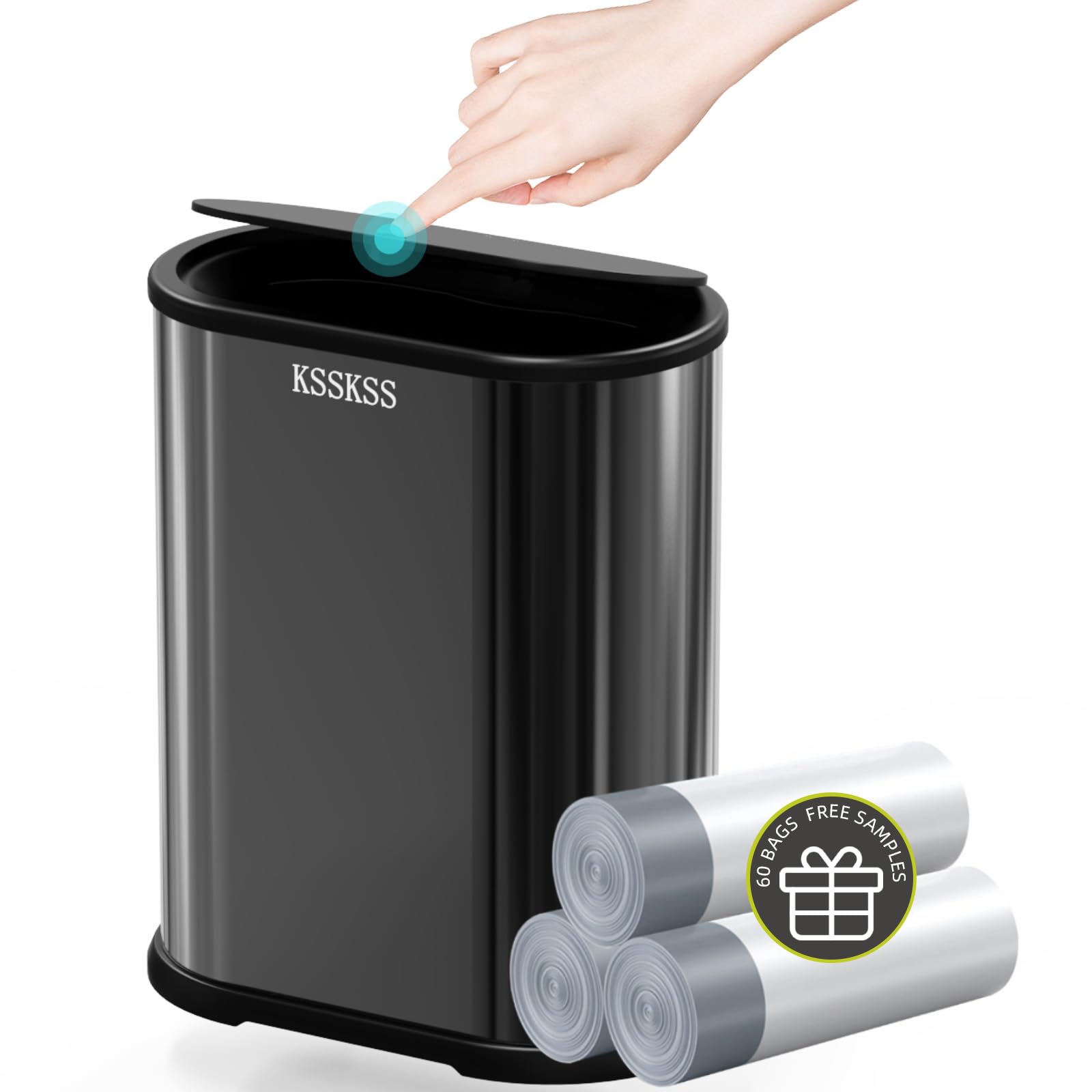 KSSKSS Pattumiera Piccola 4L Acciaio Inox Coperchio Pop-up - Anti-impronta, Stretta, Per Bagno/Cucina Con Secchio Rimovibile E 60 Sacchetti