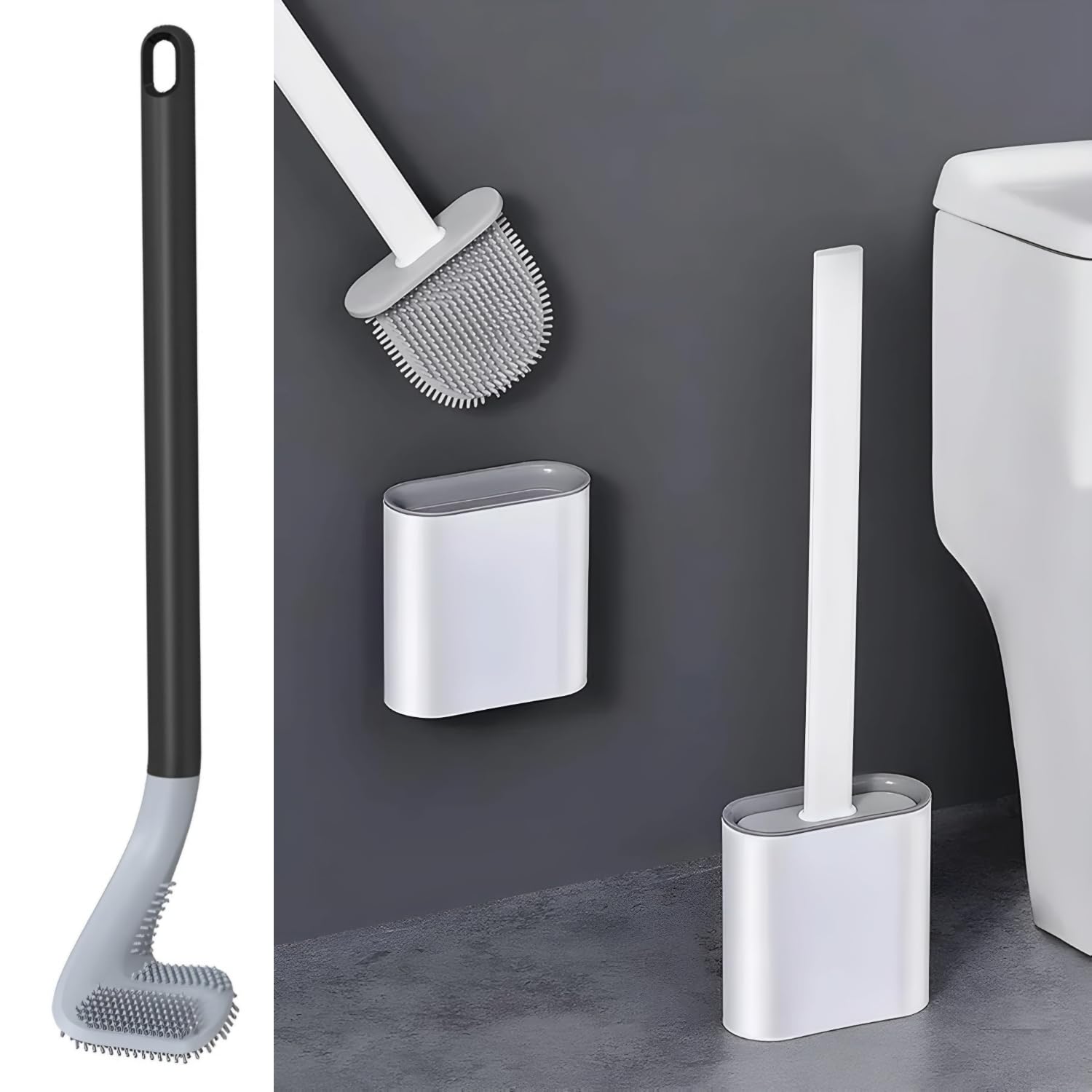 VISUAL ARREST Silicone Toilet Brush with Holder Stand Wall Mounted Long