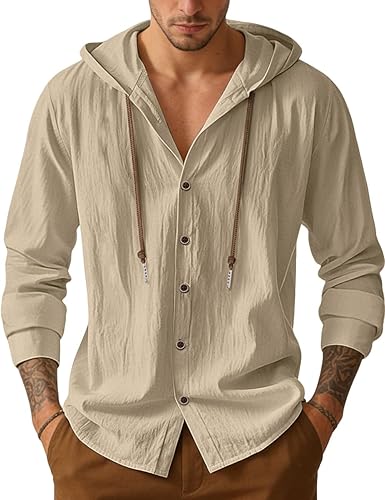 Mens Cotton Linen Button Down Hoodies Long Sleeve Casual Hoodies