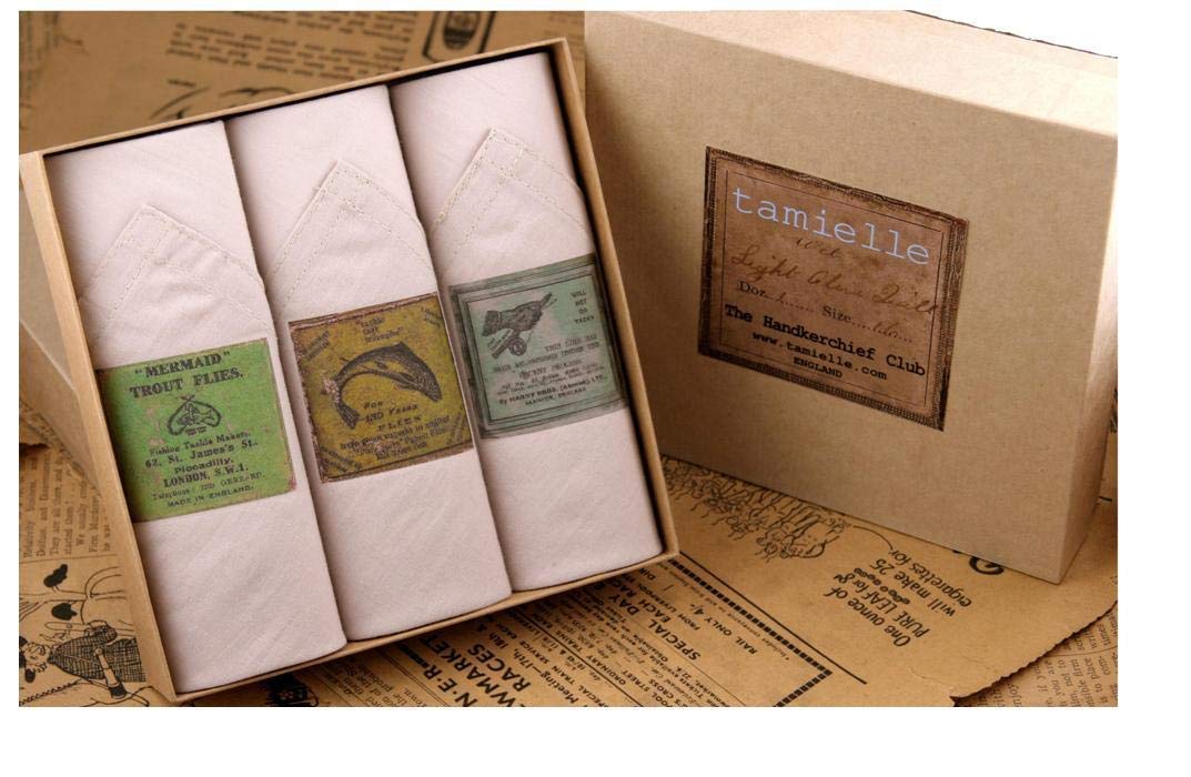 Tamielle - Set of Three Mens White handkerchiefs with Different Fly Fishing Motifs - 40cm x 40cm