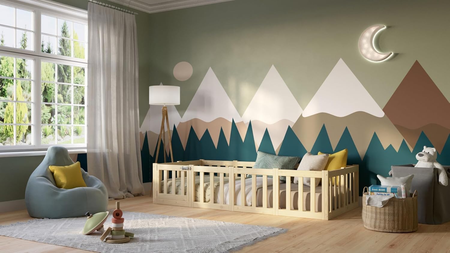 Letto per Bambini 180x140 cm – Letto Montessori a Pavimento con Barriera di 40 cm Rimovibile – Legno Naturale con Superficie Liscia – Perfetto per Bambini e Bambine Crazy Johnny