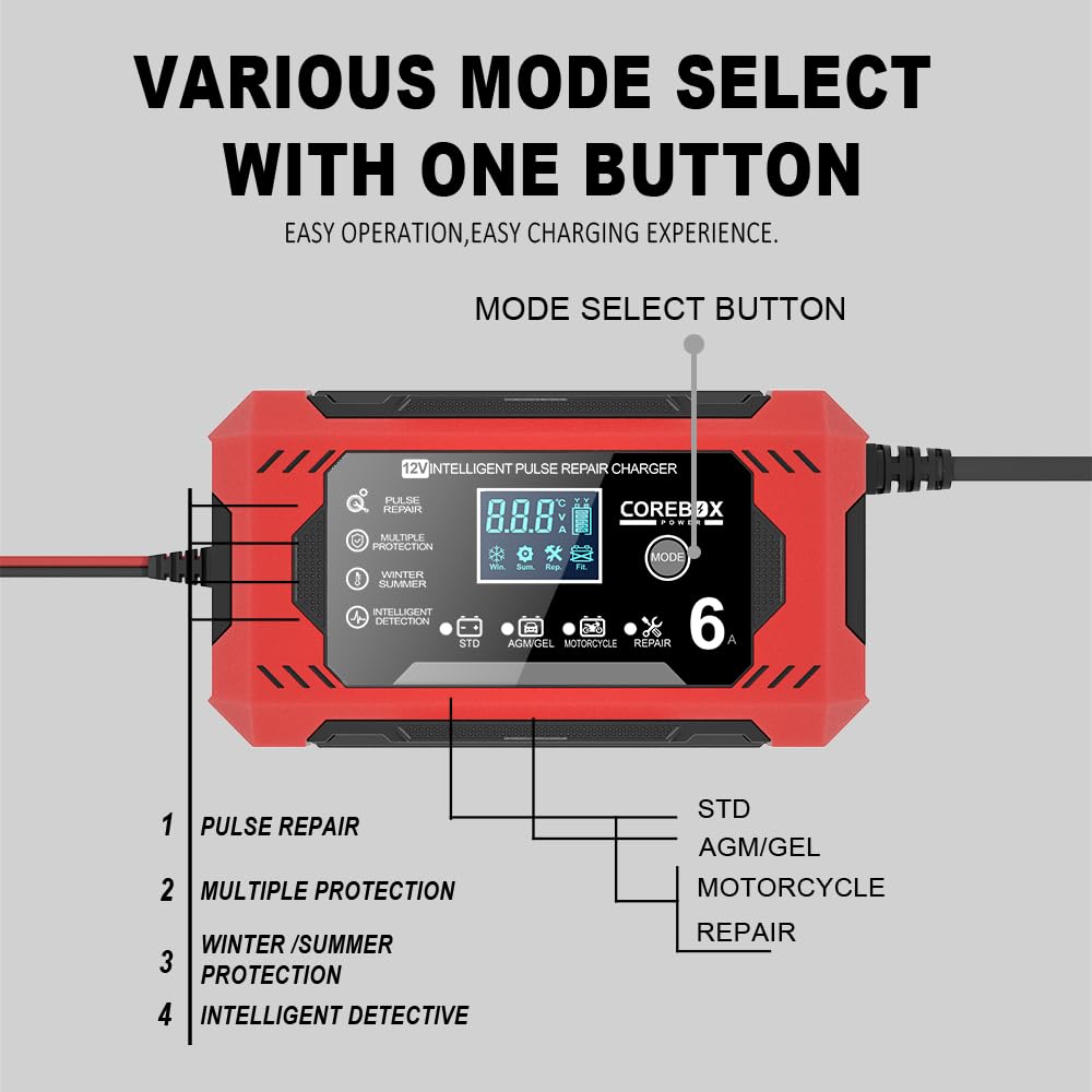 Ładowarka do akumulatora samochodowego 6 A, 12 V, w pełni automatyczna ładowarka do akumulatora samochodowego z ekranem dotykowym LCD, kompensacja temperatury, tryb naprawy, w pełni automatyczna