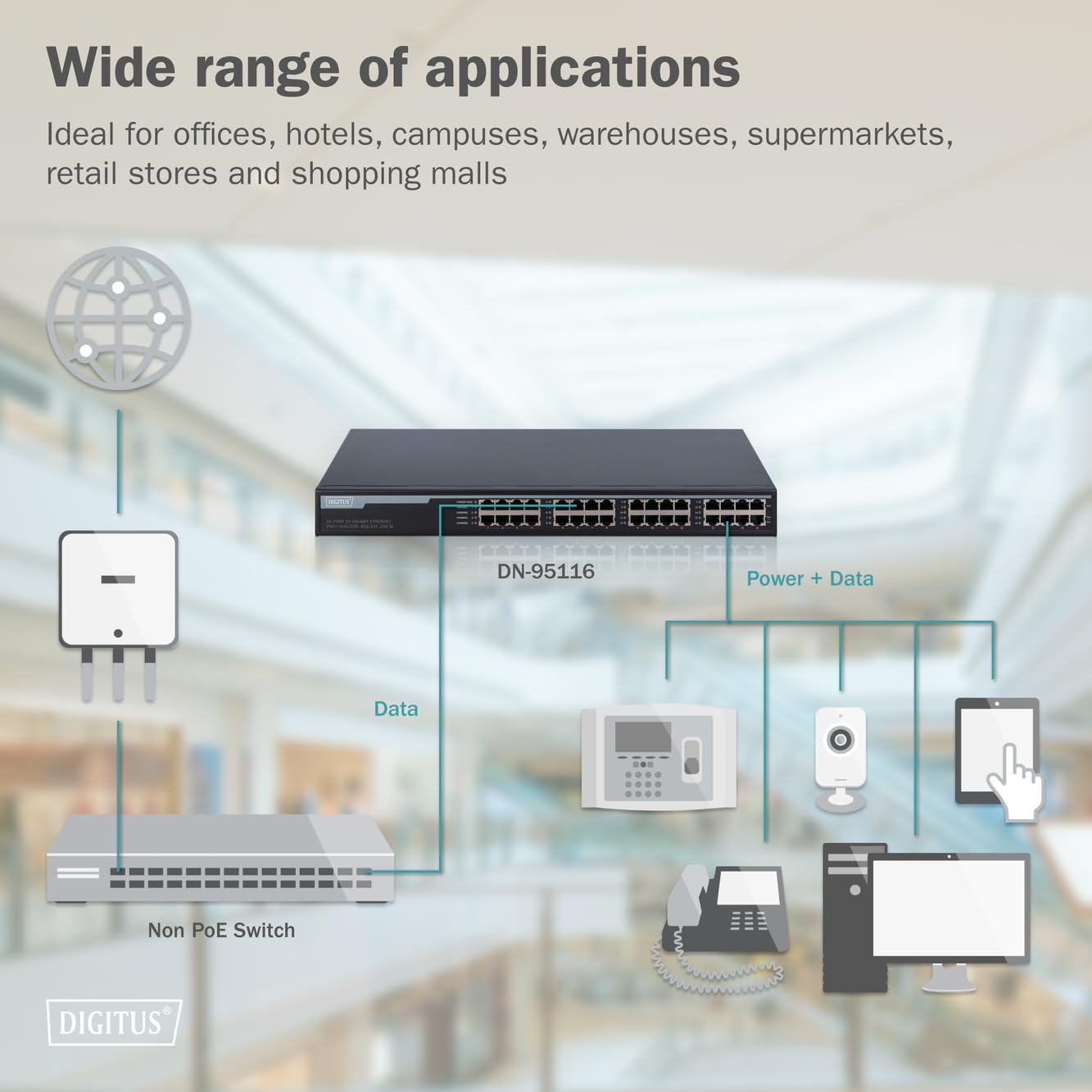 DIGITUS PoE+ Injecteur - 16 ports - IEEE802.3at - 10 Gbit/s - rack 19 pouces - 250 Watt total - jusqu'à 30 Watt/port