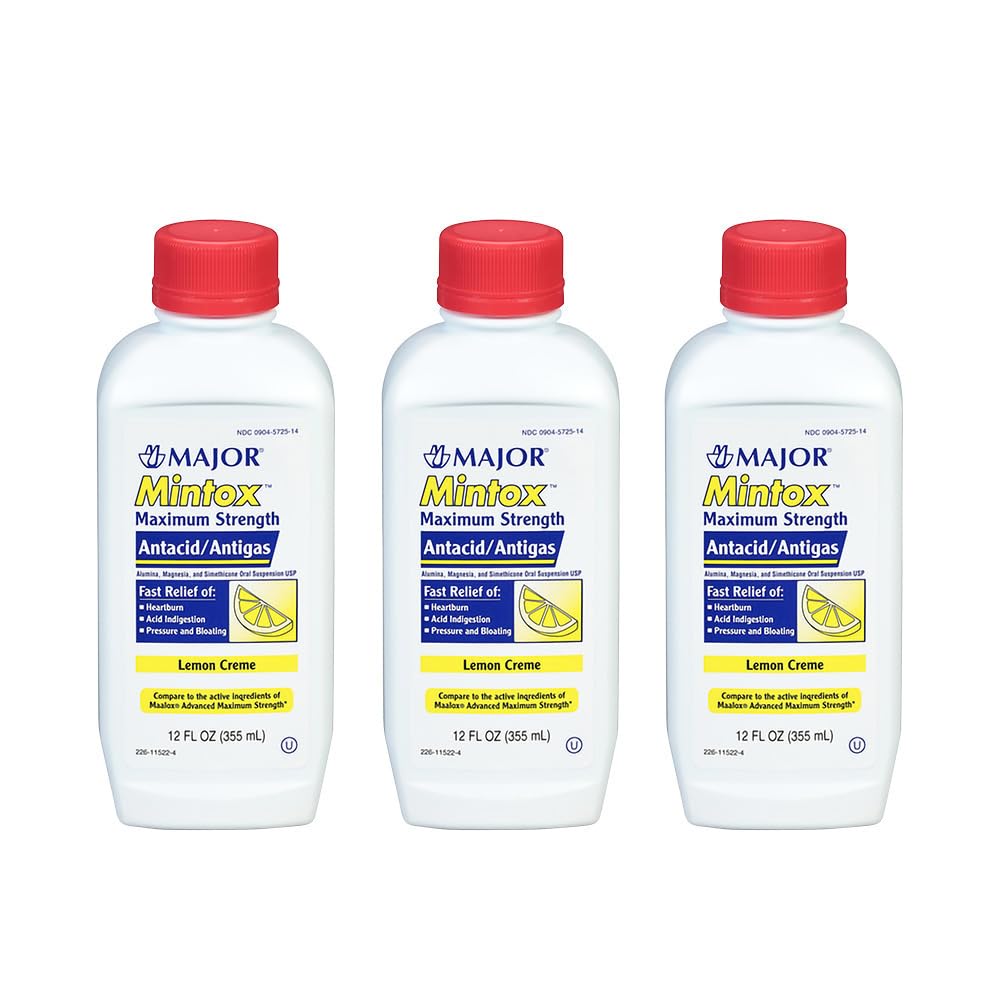 Mintox Maximum Strength Antacid/Antigas for Fast Relief of Heartburn, Acid Indigestion, Pressure, Bloating - Lemon Creme - 12 Fl Oz (355 mL) (3 Pack)