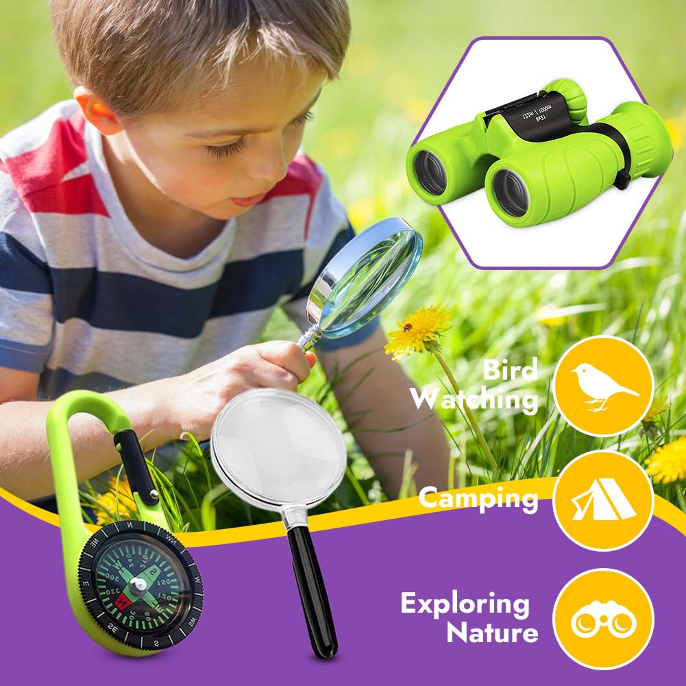 Fernglas für Kinder, Kinder Geschenke für kleine Jungen und Mädchen, Starke Vergrößerung 8X21Fernglas, Fernglas mit Lupe & Kompass, Spielzeug für 3 – 12 Jahre (grün)