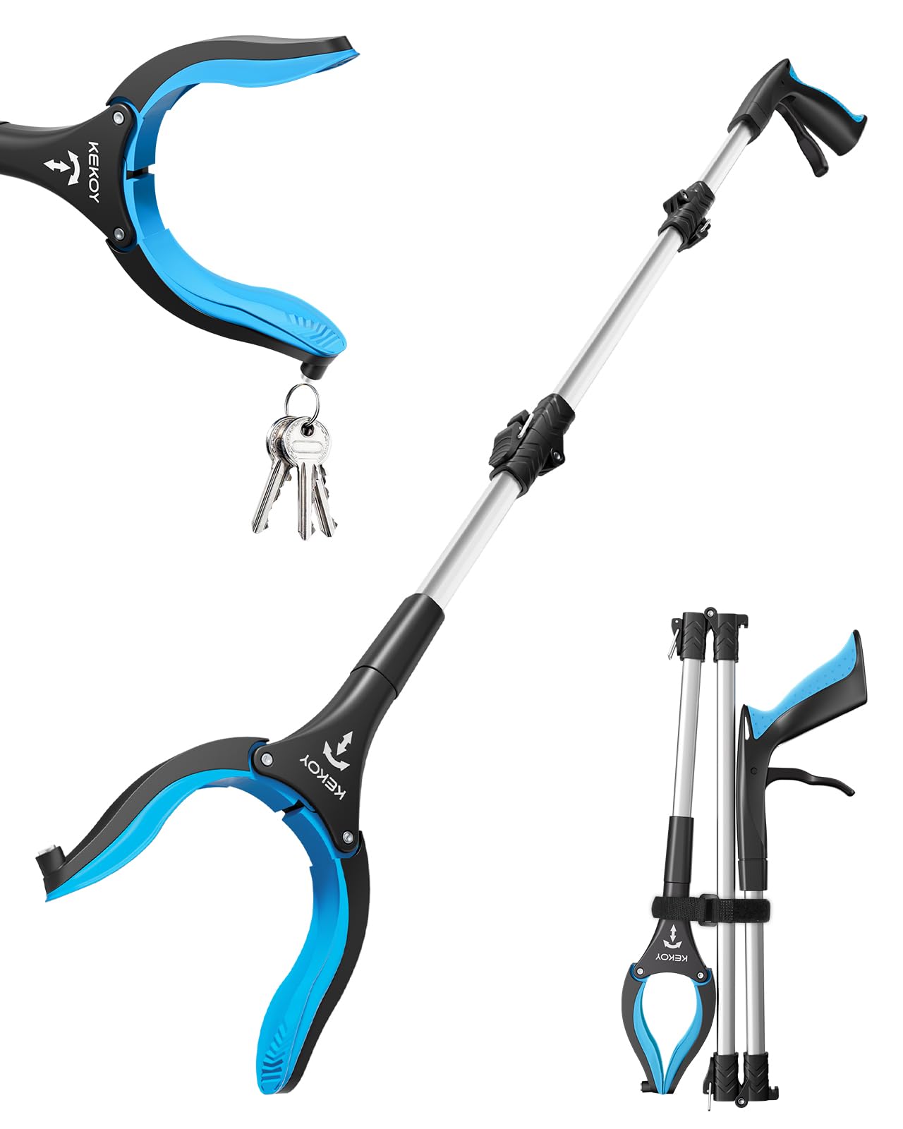 KEKOY Pinza telescopica da 91 cm, pinza raccogli oggetti per anziani, pieghevole con morsa antiscivolo rotante 360°, artiglio allungato largo 4" con magnete (blu cielo, 1 pezzo)
