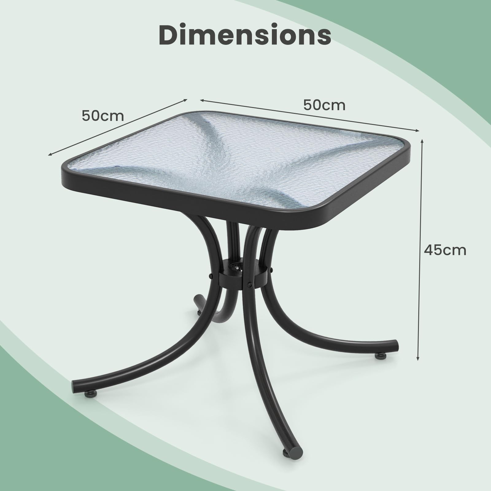 KOMFOTTEU Tavolo da giardino in vetro temperato, tavolino ausiliario con telaio in metallo, tavolo da pranzo quadrato per esterni e interni, tavolino da salotto per terreza, balcone, patio, 50 x 50 x
