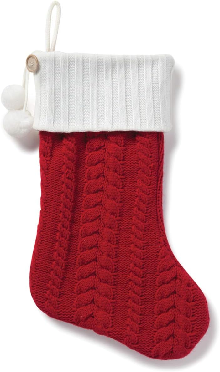 Personalized Planet Traditional Red Cable Knit Christmas Stocking with Custom Name Embroidery | White Cuff | Detailed with Button and Pom Pom Accents | Fun Festive Christmas Home Décor | Ready to Hang