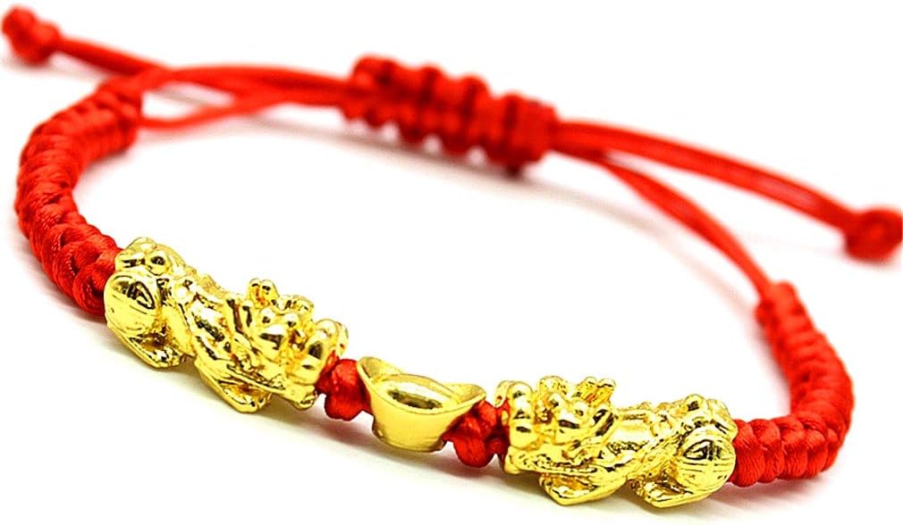 Feng Shui The Best Red String Bracelet with Double Pi Xiu/Pi Yao and Golden Wealth Ingots Bracelet Jewelry Attract Wealth and Good Luck