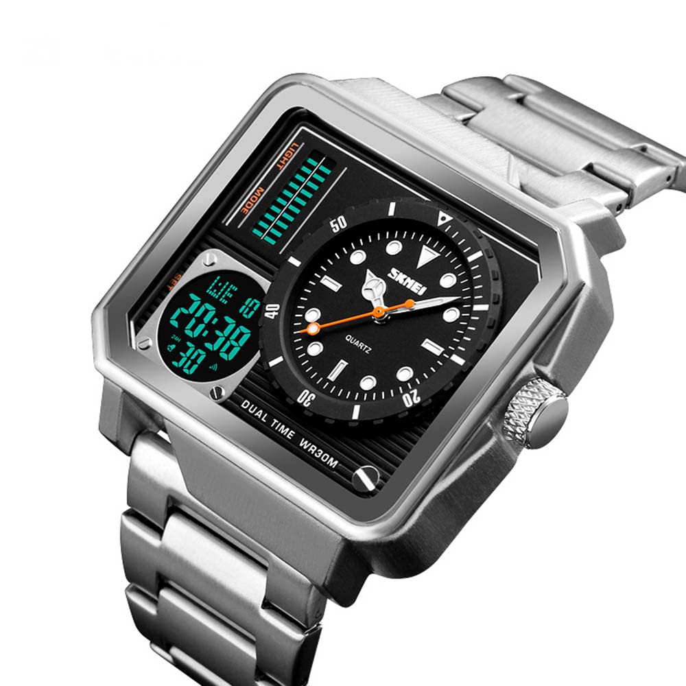 Orologio sportivo digitale da uomo, quadrante grande, in acciaio inox, con LED, analogico, al quarzo, con cronometro impermeabile multi-fuso orario, Argento, big, Digitale