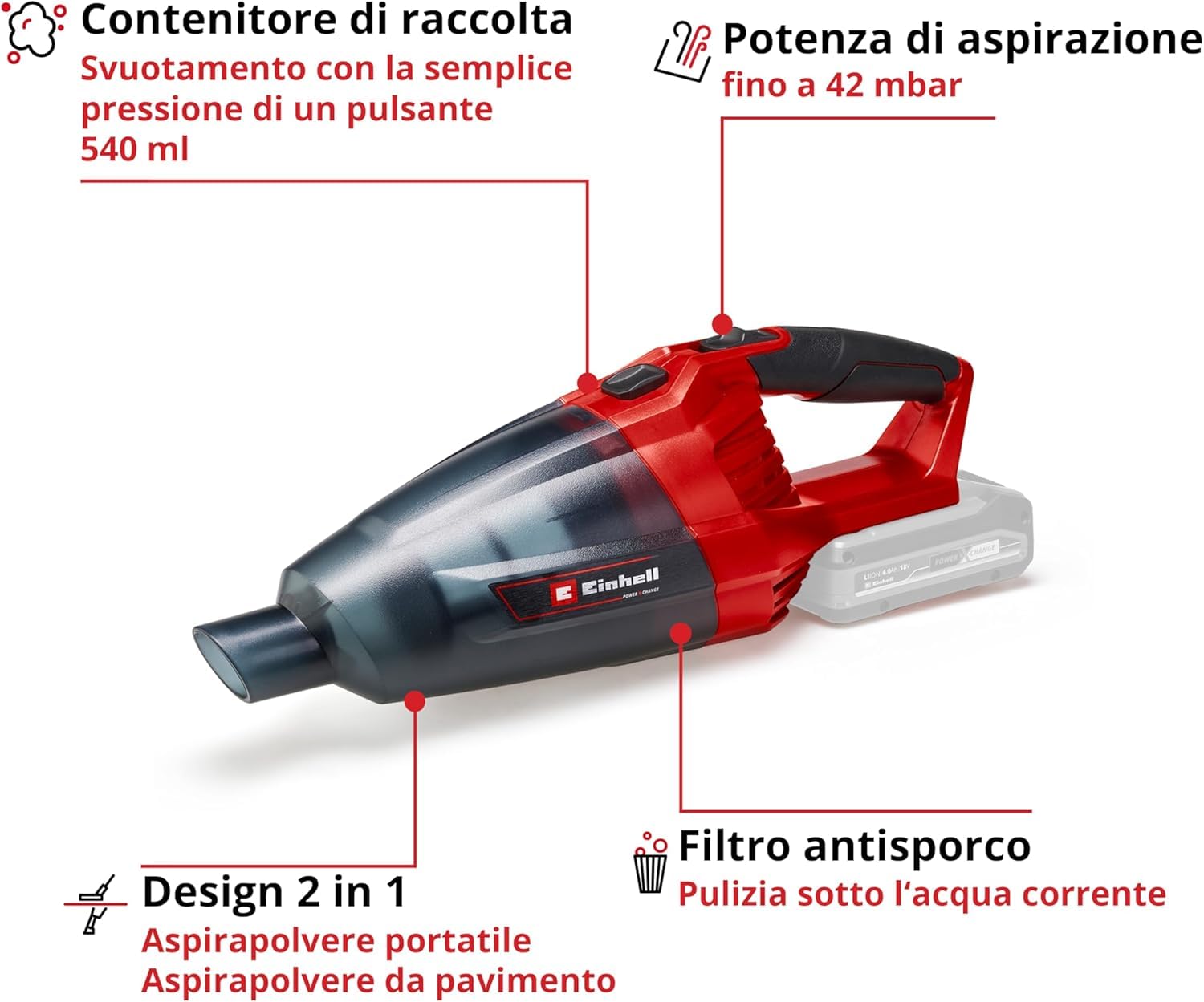 Einhell TE-VC 18 Li-Solo Aspiratore a batteria Power X-Change (18 V, serbatoio 0.54 L, prolunga con bocchetta pavimenti,bocchetta fughe e tessuti, senza batteria e caricabatteria)