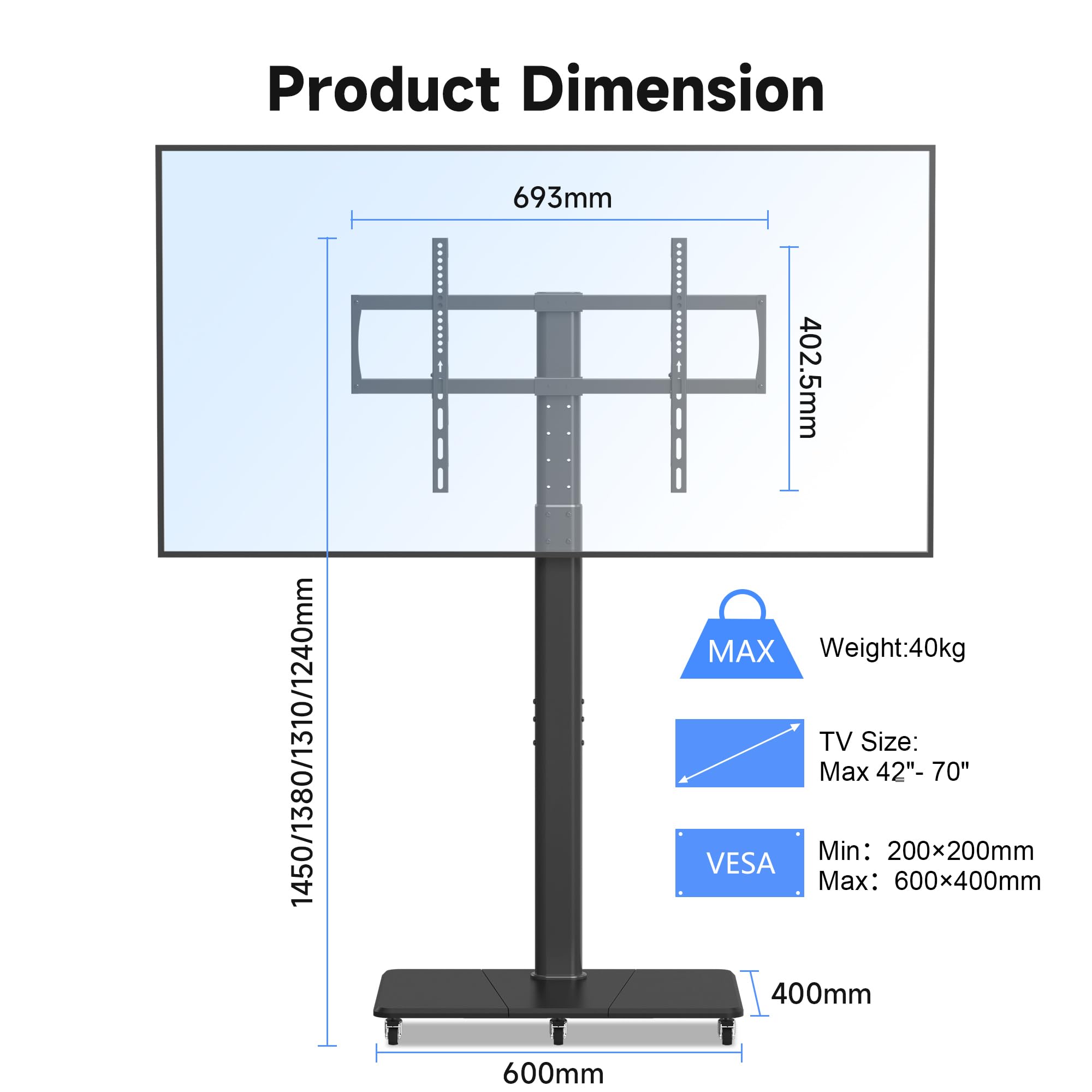 XINLEI Supporto per TV con Ruote Supporto TV Televisore con Ruote Regolabile in Altezza per Schermi Piatti da 42 a 70 Pollici fino a 40kg. Max. VESA 600 x 400 mm