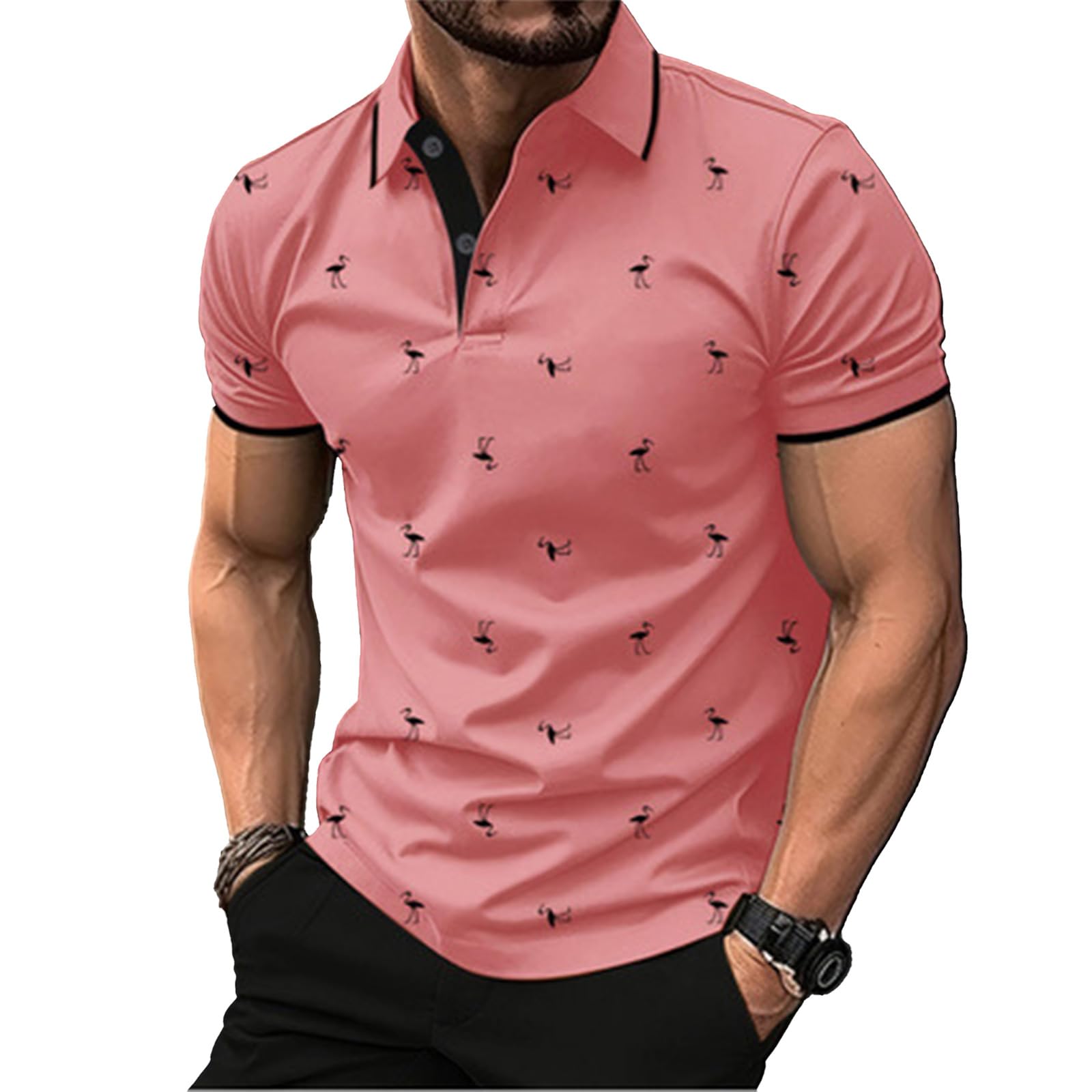 DEEX XL Peach Pink Men's Polo Shirts Short Sleeve 2026 Casual Polo T Shirt Color Block Slim Fit Summer Collared Golf Shirts
