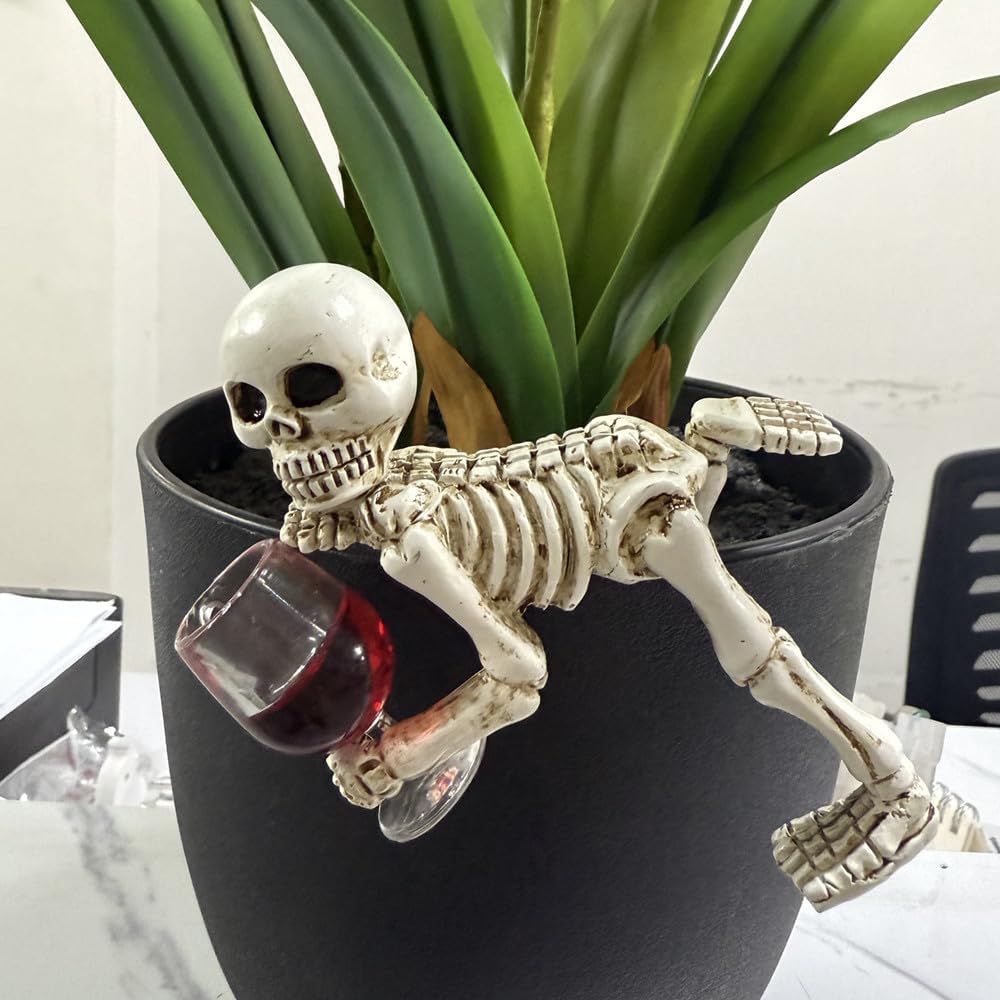 Halloween Skeleton Flowerpot Decoration, Weather Resistant Resin Garden Statue (Red Cup)