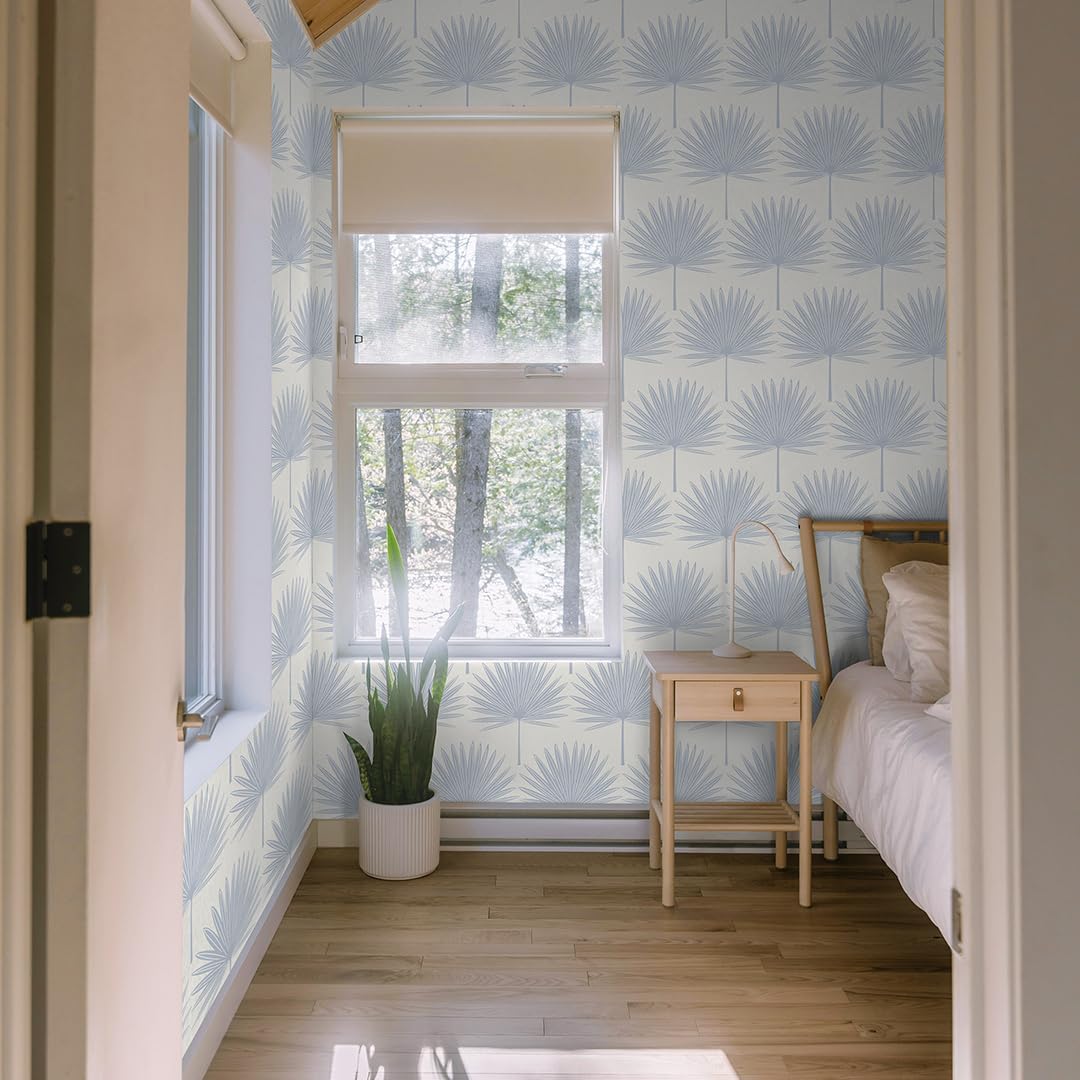 Tempaper Powder Blue & Off-White Stamped Palm Removable Peel and Stick Boho Wallpaper, 20.5 in X 16.5 ft, Made in The USA