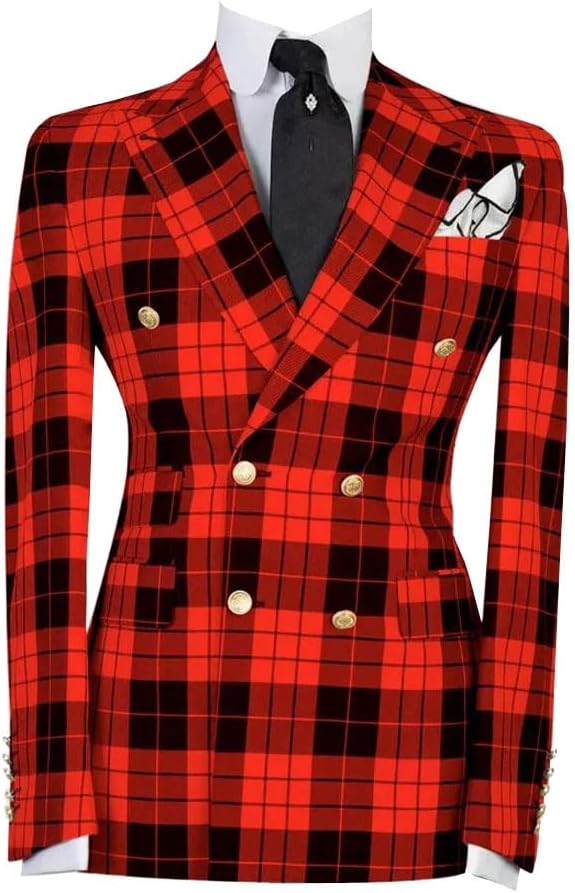 Mens Double-Breasted Plaid Blazer Checkered Leisure Prom Tuxedo Grooms 2 Pieces Slim Fit Suits Set