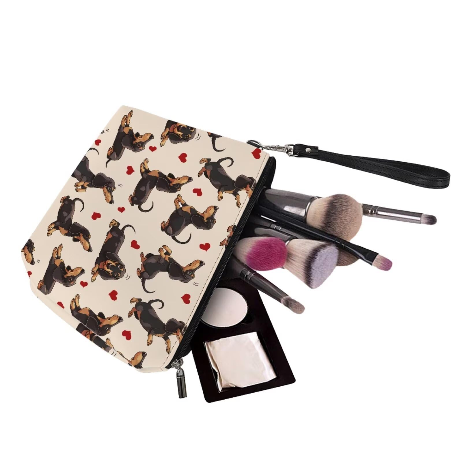 Jeiento Dachshund Dog Cosmetic Bag for Women,Love Heart Puppy Makeup Pouch with Zipper Travel Wash Toiletry Bag - Image 4