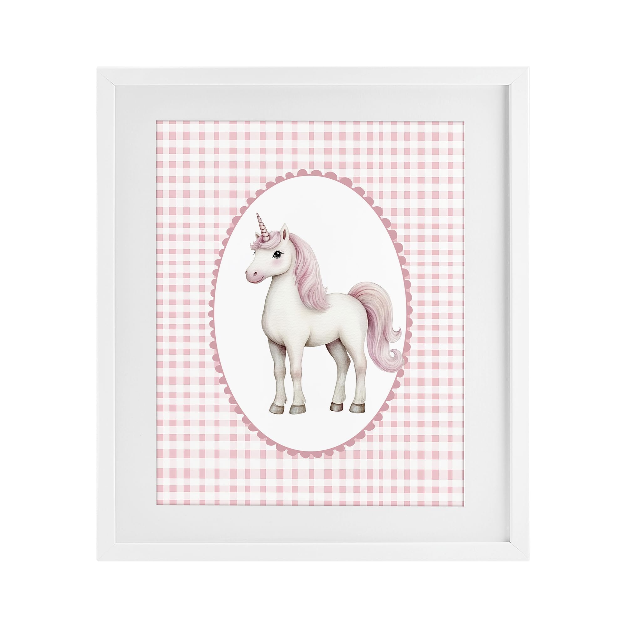 Stupell Industries 'Pink Gingham Unicorn', Framed Print Under Glass, White, 17 x 21 Inches, Easy to Hang and Sturdy, Made in USA, by Christine Simpson Art