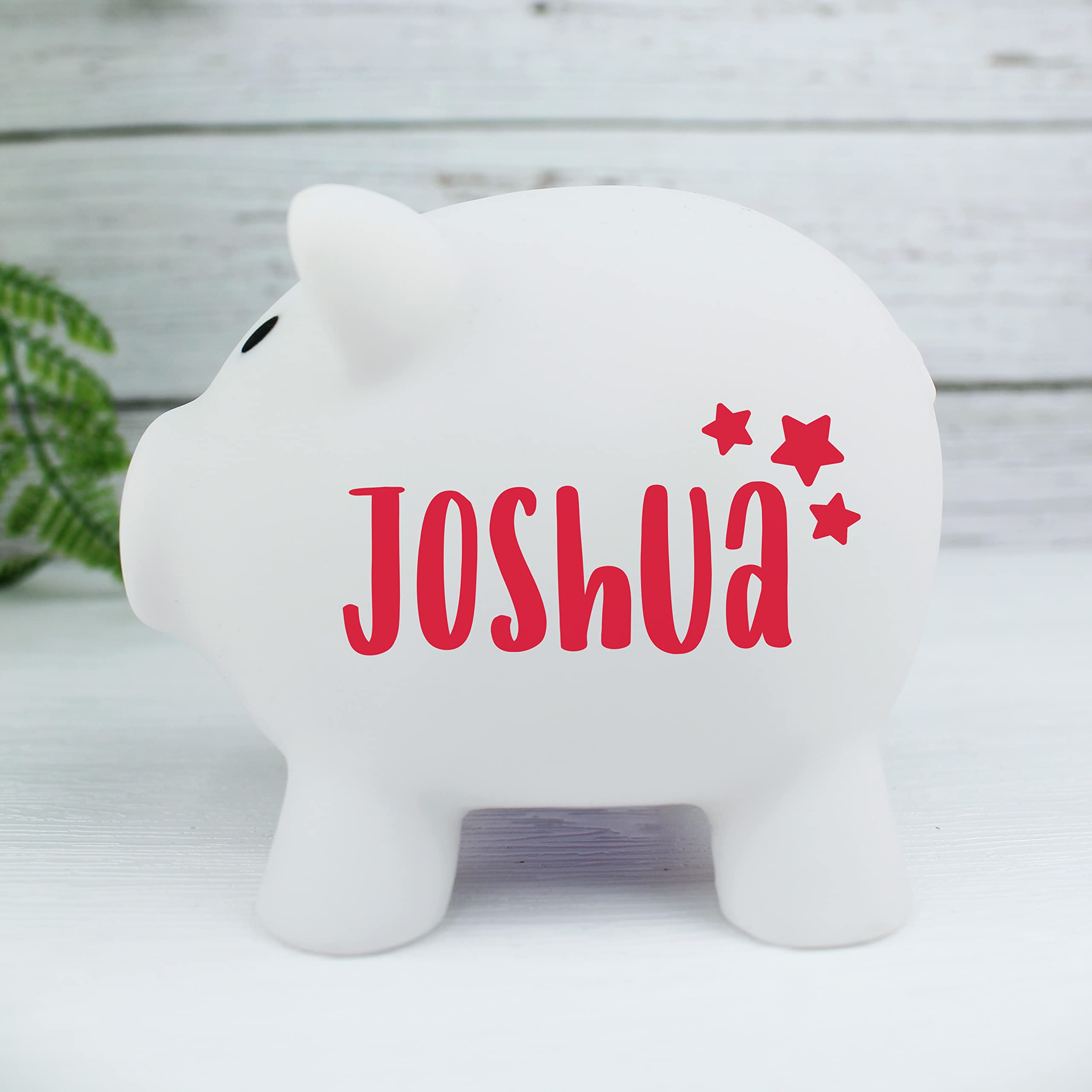 eBuyGB Personalised Plastic Piggy Bank, Kids Money Box, Saving Money Jar Keepsake for Children, Novelty Gift (White)