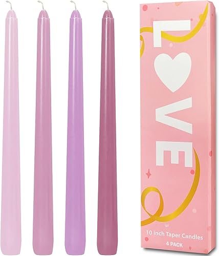 Topsics Juego de 4 velas cónicas color rosa de 10 pulgadas, velas cónicas moradas para el día de San Valentín, sin perfume, sin humo, largas y altas