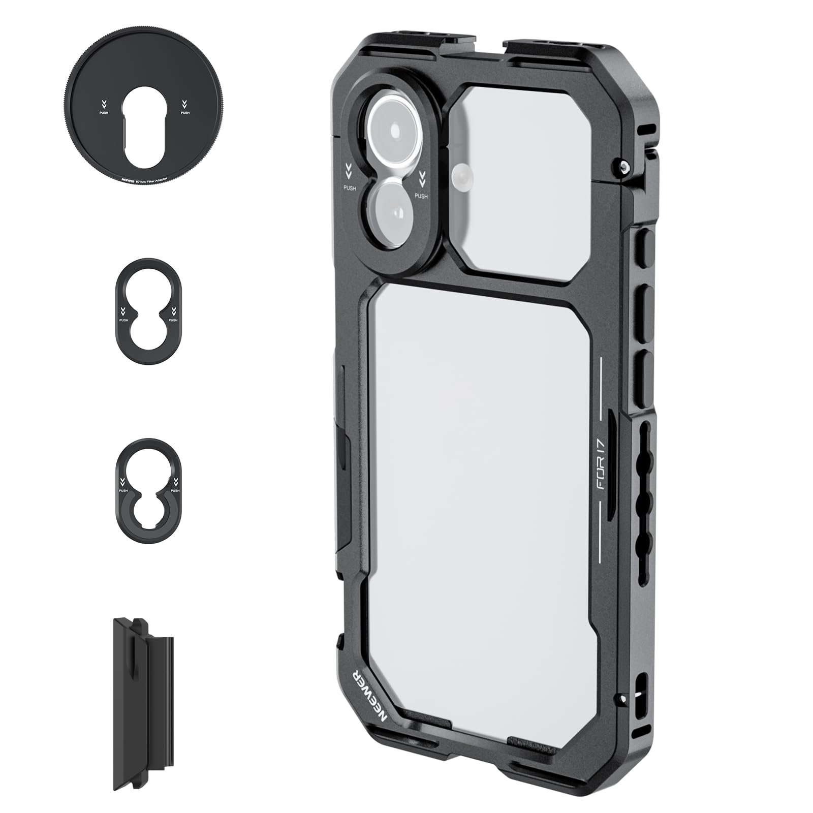 NEEWER Phone Cage Compatible with iPhone 17 Only, Quick Release Video Rig Stabilizer Accessories Kit with 67mm Filter Ring, 17mm Lens Backplate, T Mount Adapter, Camera Control Cap, PA158 (Black)-image-41