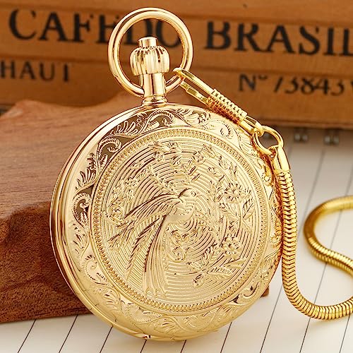 Image of Tiong Men's Luxury Pocket Watch Engraved Phoenix Mechanical Hand Wind Double Hunter Pocket Watches with Chain & Box Gifts for Father's Days