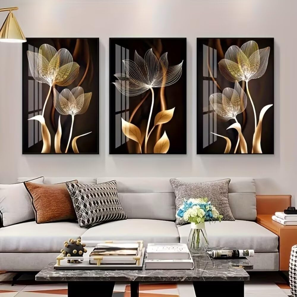 3 Pcs Black And Golden Flowers 12x16inch Wall Art for Modern Home, Office, Living Room, Bedroom Decor,Unframed Canvas Poster Wall Art