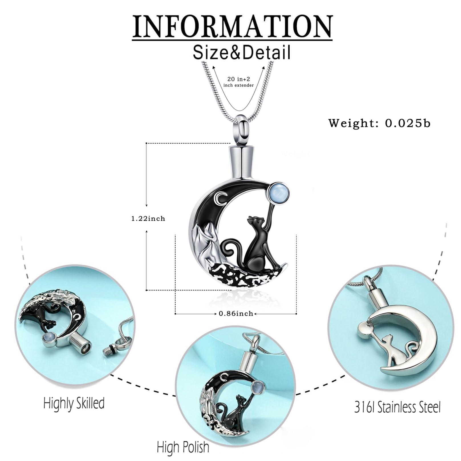 Hearbeingt Urn Necklace for Ashes for Women Men Moon Cat Cremation Jewelry for Ashes Pendant Memorial Necklace Gift(Black)